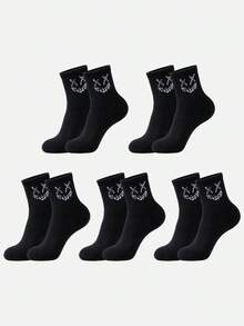 5 Pairs Men's Mid-Calf Socks, Black Printed Pattern, Street Dark Style, Comfortable And Versatile - Multicolor - View 5
