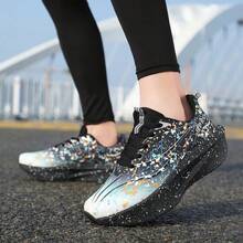 Sepatu Olahraga Pria dan Wanita Ukuran Besar Motif Abstrak Bercak Tinta, Permukaan Rajutan Gradien Pudar, Bertali, Sol Tebal Berkontur, Sepatu Sneaker Cross-Train Bergaya - Hitam - View 2
