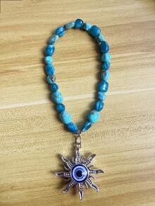 1pc Car Interior Stone Pendant, Fashionable Blue Eye Sun Charm Rearview Mirror Hanging Decoration, Car Interior Hanging Ornament - A - View 3