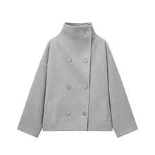 Women's Solid Color Vintage Double-Breasted Funnel Collar Coat, Long Sleeve Regular Fit Jacket, Suitable For Autumn/Winter Commuting - Light Grey - View 4