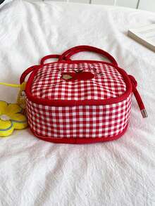 1pc Girls Apple Plaid Nylon Zipper Closure Cute Crossbody Bag Suitable For All Seasons Daily Use Without Pendant - A - View 6