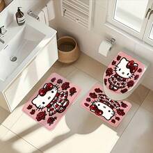 SANRIO Halloween Theme 2D Printed Hello Kitty 4-Piece Bathroom Set, Cute Gothic Style Cartoon Cat Waterproof Shower Curtain Full Set Bathroom Mat Set, Non-Slip Bathroom Rug, Toilet Lid Cover, Holiday Home Decor - Shower Curtain and Bath Mat - View 6