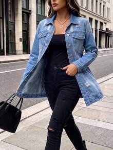 HAPPY GIRL#Spring Autumn Versatile Fashion Festival Holiday Daily Airport Outfit Distressed Denim Women's Casual Outdoor Washed Denim Jacket - Blue - View 6