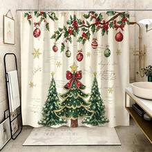 1pc Christmas Tree & Christmas Ball Shower Curtain, Vintage Design, Waterproof Bath Curtain, Suitable For Bathtub Partition, Bathroom Decor And Bathroom Accessories, Home Decor Gift, Includes 12 Hooks - Multicolor - View 4