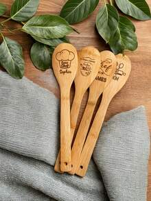 1pc Personalized Bamboo Cooking Spoon, Bamboo Kitchen Spoon, Can Engrave Name, Letter Or Text, Kitchen Utensil, Ideal Gift For Mom And Cooking Enthusiasts - Multicolor - View 2