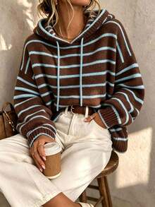 Women's Fall Winter New Arrival Round Neck Drop Shoulder Retro Colorblock Striped Hoodie, Casual Loose-Fitting Knit Sweater With Drawstring - Blue - View 1