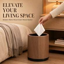 1pc Modern Retro Faux Wood Grain Round Double Layer Hidden Trash Can, Black Non-Slip Base, Bagless Design, Large Capacity, Suitable For Living Room, Bedroom, Nightstand, Bathroom, Office, Hotel And Home Decor, Japanese Minimalist Fashion Room Aesthetic Decoration, Thickened Anti-Drop Waste Paper And Miscellaneous Storage Bin, Bathroom Toilet Paper Basket - View 12