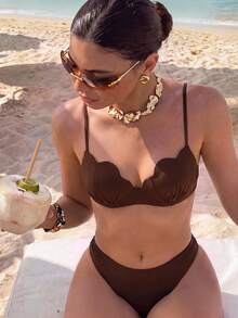 Bikinx Women's Solid Color Shell-Shaped Cup Bikini Set Spaghetti Strap Tie-Back Swimwear Vacation Summer Beach - Coffee Brown - View 3