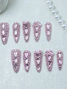 CrystalHola Fall/Winter Nails,Handmade Almond-Shaped Nails, Y2K, Pink Nails With Full Coverage Rhinestone, French Tip Nail, Pure Handmade Nails. Suitable For Girls.Fits Parties,Weddings, And Daily Wear. A Great Gift For Girls And Women.Handmade False Nails - Multicolor - View 1