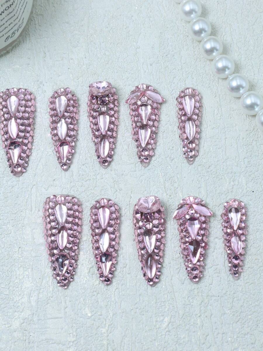 CrystalHola Fall/Winter Nails,Handmade Almond-Shaped Nails, Y2K, Pink Nails With Full Coverage Rhinestone, French Tip Nail, Pure Handmade Nails. Suitable For Girls.Fits Parties,Weddings, And Daily Wear. A Great Gift For Girls And Women.Handmade False Nails - Multicolor - View 1