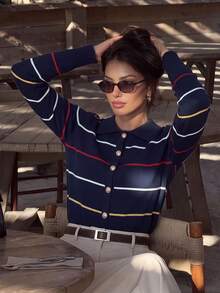2026 Autumn Navy Blue Striped Polo Collar Knit Cardigan, Single-Breasted Metal Buttons, Slim Fit Short Length, Commute Daily Versatile, Can Be Worn Alone Or Layered, Full Of Atmosphere - Navy Blue - View 3