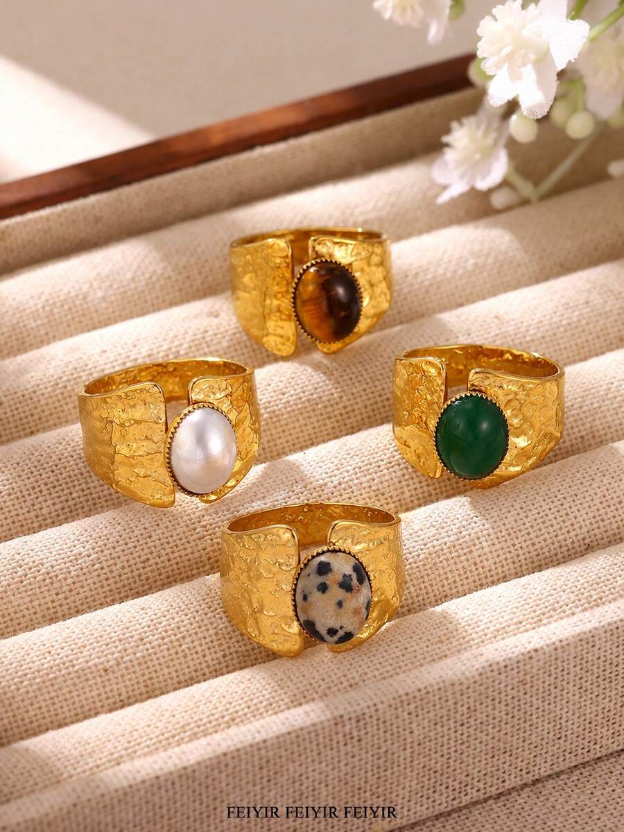 Stainless Steel Leopard Print Stone & Artificial Turquoise Textured Geometric Wide Band Ring, Suitable For Women, Mothers And Best Friends, 18K Gold Plated Wedding, Party And Holiday Matching Jewelry, Extraordinary Gift - Multicolor - View 1