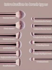 12pcs/Set Multi-Function Full Makeup Brush Set, Including Powder Brush, Blush Brush, Foundation Brush, Eyeshadow Brush, Blending Brush, Contour Brush + 1pc Round Head Brush - Brown - View 2