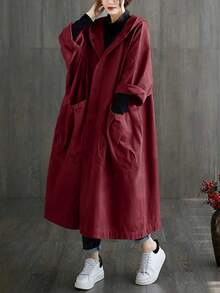 女款春夏藝術中式風大廓形輕量透視超薄長款風衣，大口袋設計，時尚前開鈕扣連帽休閒百搭外套 - 酒紅色 - 查看 4