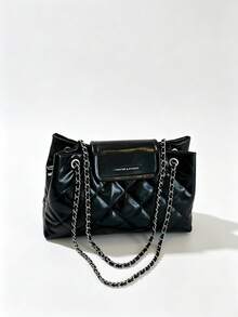 Women Tote Shoulder Bag,Diamond Quilted,Glossy Faux Leather,Double Layer Chain Strap & Logo Flap,Large Capacity,Classic Luxury Style,Daily Work - Black - View 11