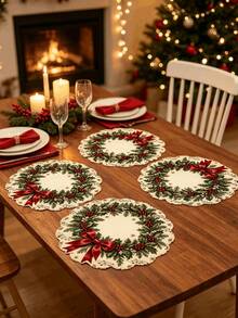 1/2/4pcs Christmas Placemats, Lace Design, Berry And Bow Elements, Bamboo And Linen Material, Suitable For Christmas Decoration, Table Decoration, Holiday Decoration, Holiday Party - Multiple Styles - View 7