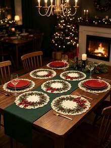 1/2/4pcs Christmas Placemats, Lace Design, Berry And Bow Elements, Bamboo And Linen Material, Suitable For Christmas Decoration, Table Decoration, Holiday Decoration, Holiday Party - Multiple Styles - View 1
