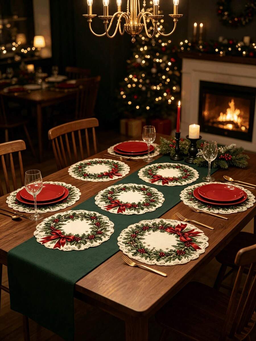 1/2/4pcs Christmas Placemats, Lace Design, Berry And Bow Elements, Bamboo And Linen Material, Suitable For Christmas Decoration, Table Decoration, Holiday Decoration, Holiday Party - Multiple Styles - View 1