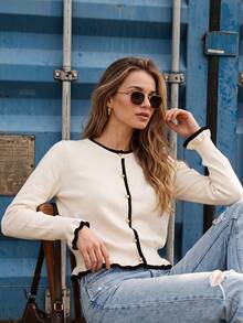 Women's Sweet Knitted Cardigan, Apricot Color Contrast Trim, Round Neck, Pearl Button, Ruffle Hem, Cuffed Waist, Versatile Knit Jacket For Office Commute, Date, Afternoon Tea, Shopping And Travel - Apricot - View 8