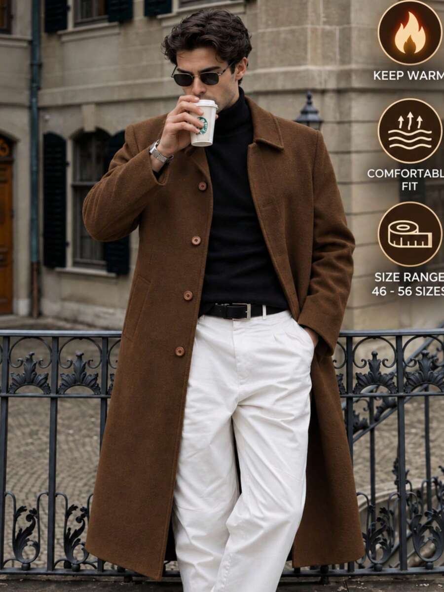 Men's Premium Fabric Brown Long Coat, Classic Collar Button-Up Elegant Winter Overcoat - Brown - View 1