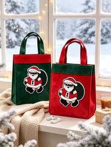 1pc Red & Green Christmas Patchwork Tote Bag, Vintage Style Rectangular Handbag, Suitable For Christmas Holiday Gift Packaging; Also Includes Bathroom Shower Curtain And Phone Holder - Multicolor - View 3