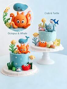 1pc Ocean Animal Cake Decoration, Octopus Shark Whale Crab And Coral Decor, Suitable For Baby Shower Birthday, Not A Toy, Please Keep Away From Children Under 14 - Multicolor - View 3