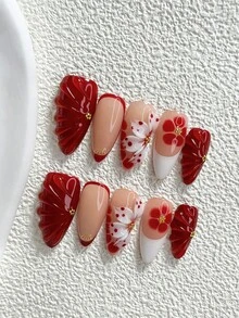 10件/組 秋季甜美優雅手工穿戴甲，Polygel美甲套組，花卉紅白色，浪漫優雅風，3種尺寸可選，杏仁/鴨嘴/棺材形，適合派對、跳舞、日常配戴（手工細節可能有所不同） - 彩色 - 查看 12