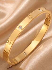 3/1pcsGold-Tone Stainless Steel Bangle, Matte Pearl, Rectangular Zirconia & Clover Embellishment, Elegant Statement Adornment - Gold - View 18