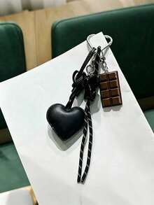 1pc Original Handmade Exquisite Cute Keychain With Bow Knot + Leather Heart + Chocolate Block Design, 3D Heart-Shaped PU Leather Keychain - Cartoon Theme Rectangular Bag Charm - Multicolor - View 5