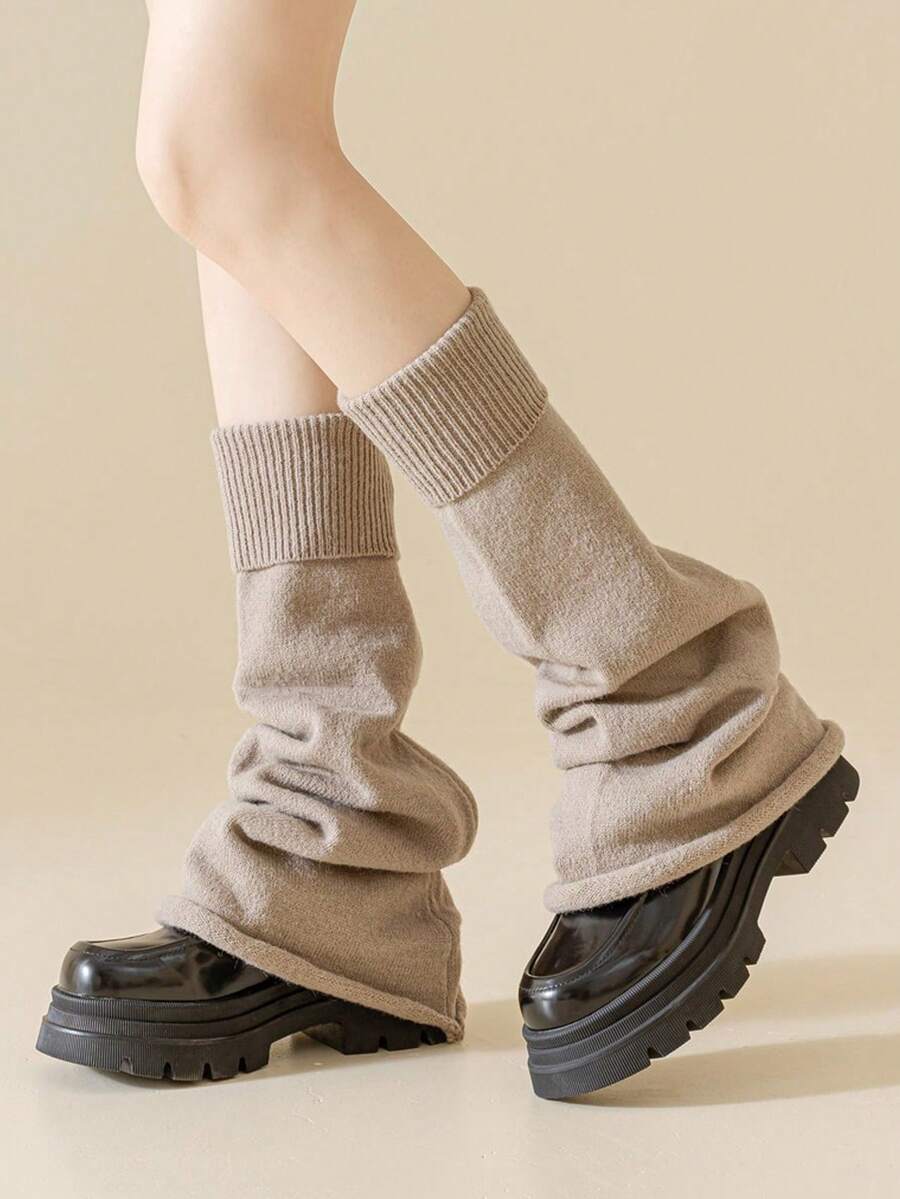 chuanwa（2） 1 Pair Women Solid Color Ribbed Top Knit Leg Warmers, Slouchy Flare Stacked Leg Socks, Y2K JK Leg Covers Fit Loafers