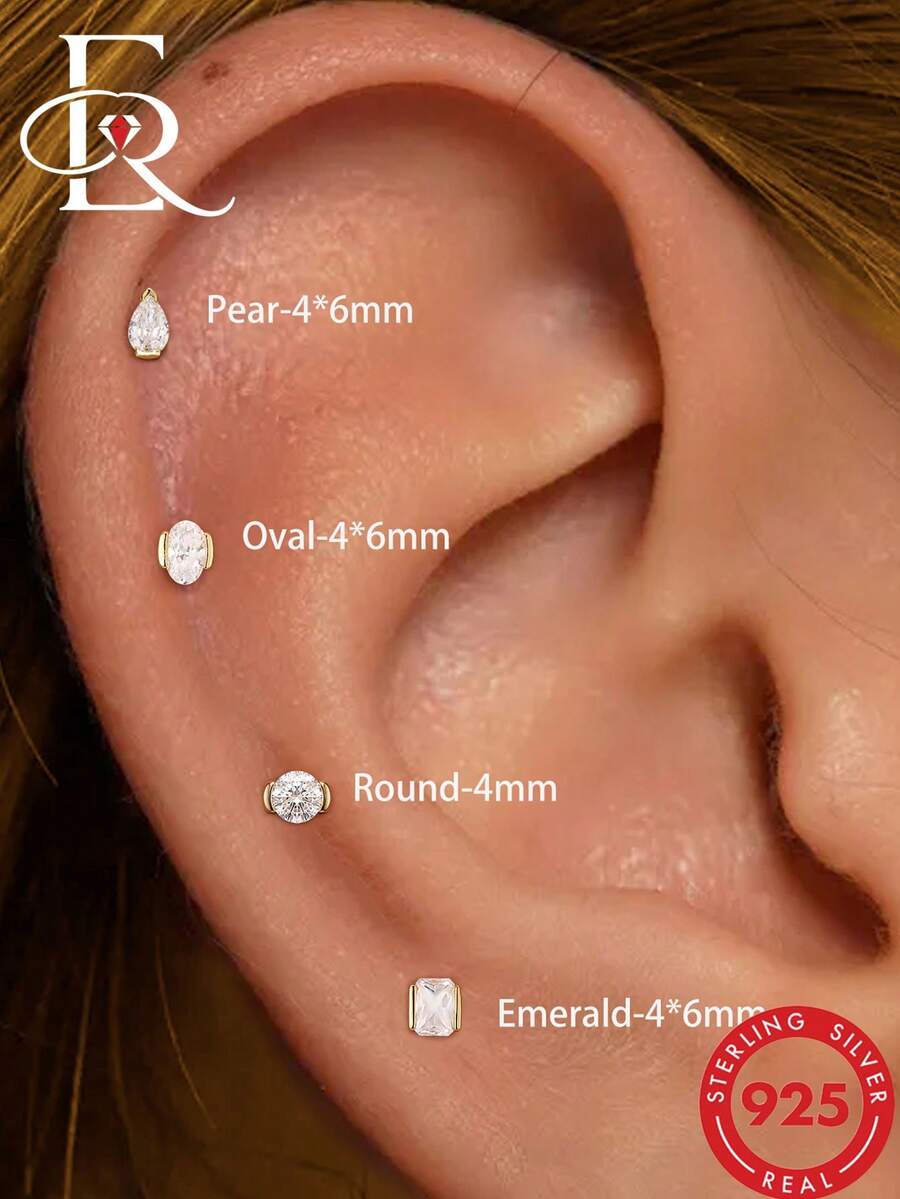 EleRunis 1pc 925 Sterling Silver Classic Asymmetrical Marquise Square Flat Back Cartilage Stud, Suitable For Helix, Conch, Cartilage, Ear Rim, Threaded Piercing Delicate Jewelry, Perfect For Daily Wear And Party