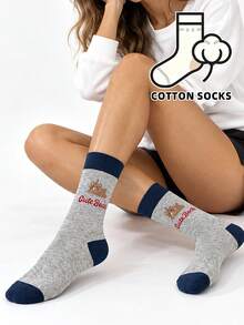 1 Pair Cute Lie Bear Pattern Socks, Grey Color Block Daily Socks, Y2K Academy Style Cartoon Bear Socks, Soft Mid-Calf Casual Streetwear Socks - Multicolor - View 2
