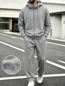 GOLDREDY Set 2 Potong Kasual Premium Pria, Jaket Berkerudung Rajut Waffle yang Bernapas & Celana Olahraga, Sweatshirt Olahraga untuk Perjalanan Bisnis - Grey - View 2