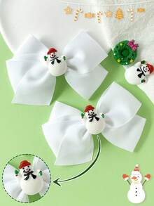 2Pcs Christmas Solid Color Grosgrain Ribbon Bow Hair Barrettes, Cute 3D Snowman Patch Big Bow Hair Clips, Festive Holiday Hair Accessories For Girls - Snowman Style - View 13