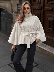 Elegant Fashion Stand Collar Tie Waist Cape Sleeve Elegant Commute Short Cape Jacket - Multicolor - View 5