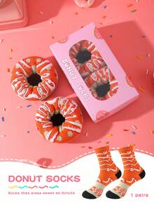 1 Pair Fun Mid-Calf Socks, Donut Design Mid-Calf Socks, Fashion Contrast Color Highly Attractive Unisex Mid-Calf Socks, Autumn/Winter Outfit Socks, Sports Casual Style Unisex Couple Mid-Calf Socks, Suitable For Holiday/Party/Casual/Home/Couple/Birthday/All-Season Vibrant Socks/Best Socks, Suitable As Special Gifts For Christmas/Halloween/Valentine's Day/Day Of The Dead/Oktoberfest/New Year, Excellent Christmas Gift And Perfect Birthday Gift - Multicolor - View 1