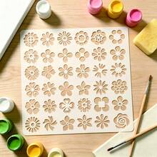 1 Floral Pattern Painting Stencil, 6x6 Inches; Features Four-Petal And Six-Petal Flowers, Sunflowers, Wreaths, Roses, And Other Floral Motifs; Fresh, Natural Spring Design With Woodland Botanical Elements. - Sets - View 1