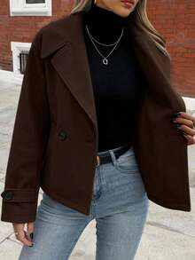 Women's Fashion Brown Double-Breasted Overcoat, Lapel Long Sleeve Wool-Like Fabric Overcoat, Perfect Choice For Autumn/Winter Fall - Coffee Brown - View 3