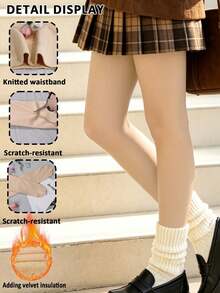 1pc Women's Fleece-Lined Velvet Thermal Tights, High-Waisted Stretch Semi-Sheer Slim-Look Pantyhose For Winter & Daily Wear - Apricot - View 3