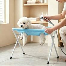 1pc Foldable Pet Bathing Hammock, 8-Hole Breathable Escape-Proof Restraint Bed, Multi-Functional Pet Bathing Rack, Suitable For Cat And Dog Nail Trimming, Grooming And Bathing - Blue (60*40*31cm) - View 1