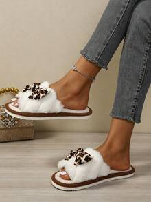 Girly Leopard Print Bow Plush Open Toe Slippers, Comfortable Indoor House Slides - Khaki - View 5