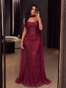 Elegant Women's Strapless Mermaid Sequin Evening Gown With Detachable Shawl, Luxurious Long Formal Dress For Balls And Special Occasions - Burgundy - View 1