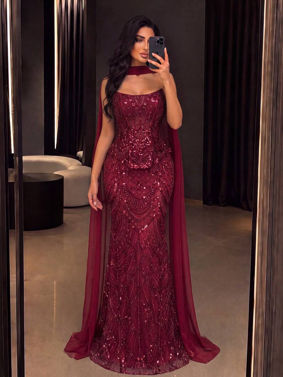 Elegant Women's Strapless Mermaid Sequin Evening Gown With Detachable Shawl, Luxurious Long Formal Dress For Balls And Special Occasions - Burgundy - View 1