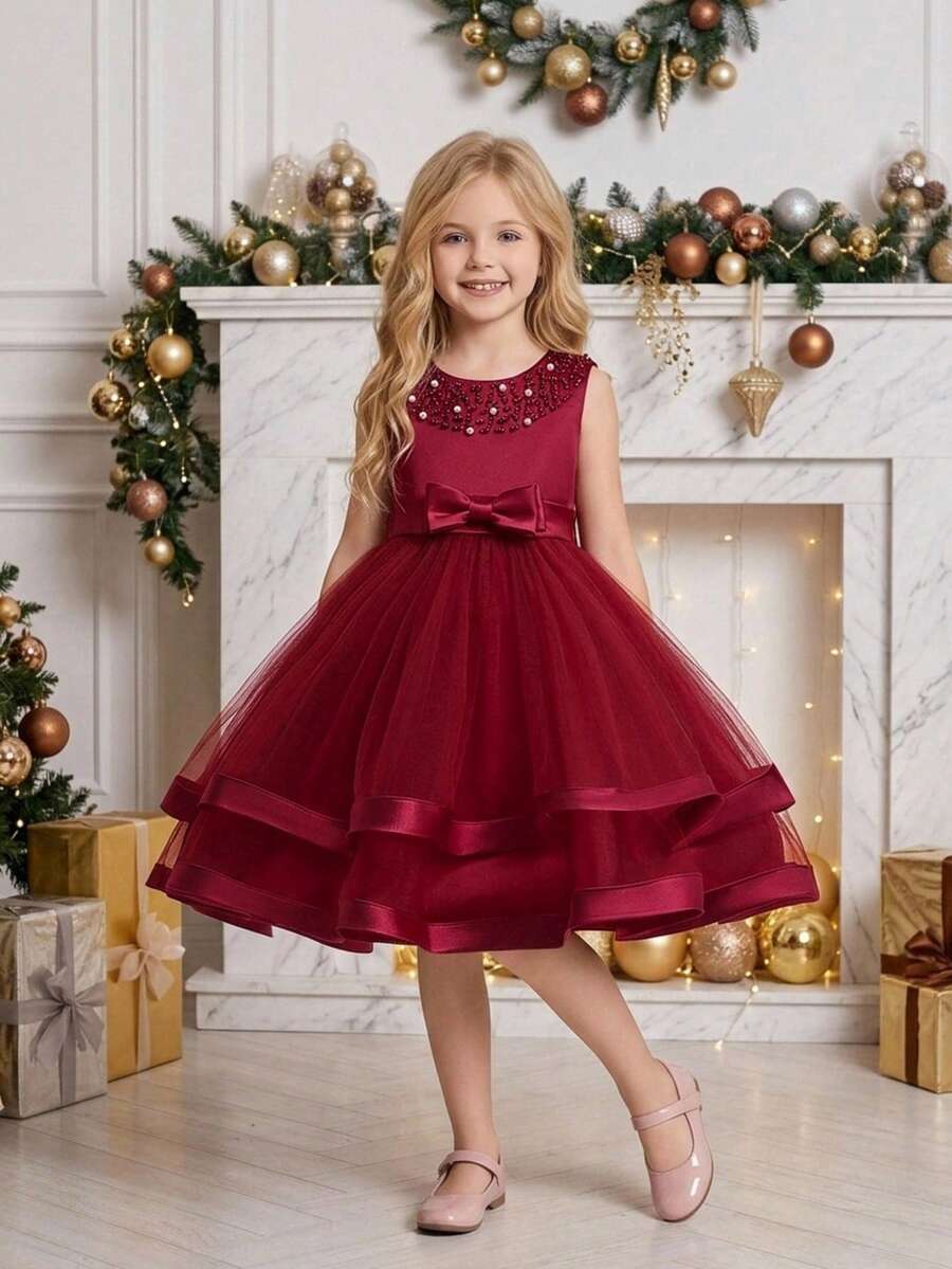 Young Girls Bow Mesh Satin Puff Princess Elegant Luxurious Dress Suitable For Party, Headband Not Included - Burgundy - View 1