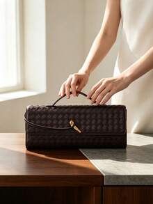 Women's Burgundy Woven Texture Long Clutch Bag, Gold Twist Lock Closure Slim Handle Evening Bag, Suitable For Parties - Multi-color - View 1