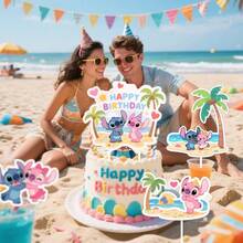 Stitch & Angel Happy Birthday Cake Topper, Tropical Beach Cartoon Character Cake Decorations With Palm Tree And Seaside Elements For Birthday Party Dessert Decor - View 2