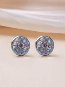YUJUGLOW 1 Pair Bohemian Mandala Pattern 316 Stainless Steel Round Stud Earrings For Women Daily Wear - Purple - View 3