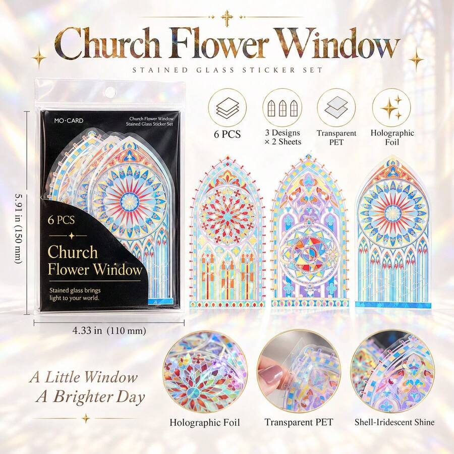 Moonlight Window Series PET 3D Holographic Sticker Pack, Vintage Window Ice Crystal Scrapbooking Material Stickers, DIY Decorative Stickers - Multicolor - View 1