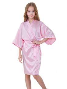 Girls' Comfortable Soft Japanese Style Small V-Neck 3/4 Sleeve Solid Color Belted Knee-Length Nightgown Loungewear Morning Robe - Pink - View 5