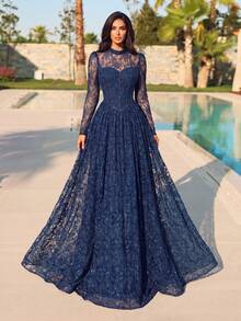 Romantic Women's Deep Blue Flare Lace Maxi Dress, Stand Collar Long Sleeve Design, Suitable For Elegant Evening Occasions - Royal Blue - View 6